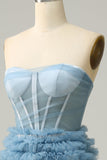 A Line Sweetheart Grey Blue Long Prom Dress med flæser
