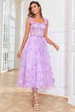 Unik A Line Purple Corset Prom Dress med sommerfugle applikationer