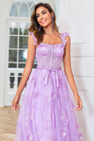Unik A Line Purple Corset Prom Dress med sommerfugle applikationer
