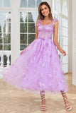 Unik A Line Purple Corset Prom Dress med sommerfugle applikationer
