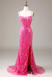 Fuchsia pailletter & beaded havfrue gallakjole med slids