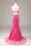 Fuchsia pailletter & beaded havfrue gallakjole med slids