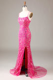 Fuchsia pailletter & beaded havfrue gallakjole med slids