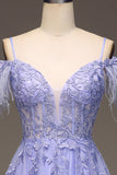 A-Line Kold Skulder Lilac Korset Gallakjole med applikationer