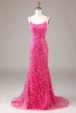 Fuchsia pailletter & beaded havfrue gallakjole med rygløs