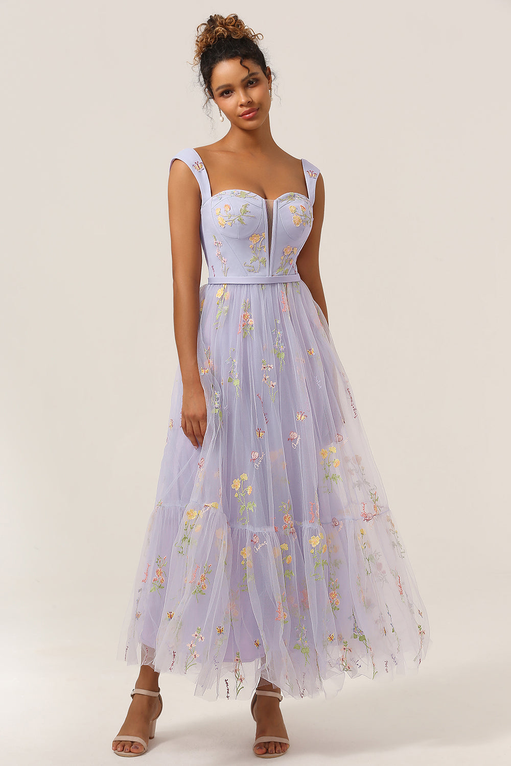 Princess A Line Sweetheart Lys lilla Lang Gallakjole med broderi