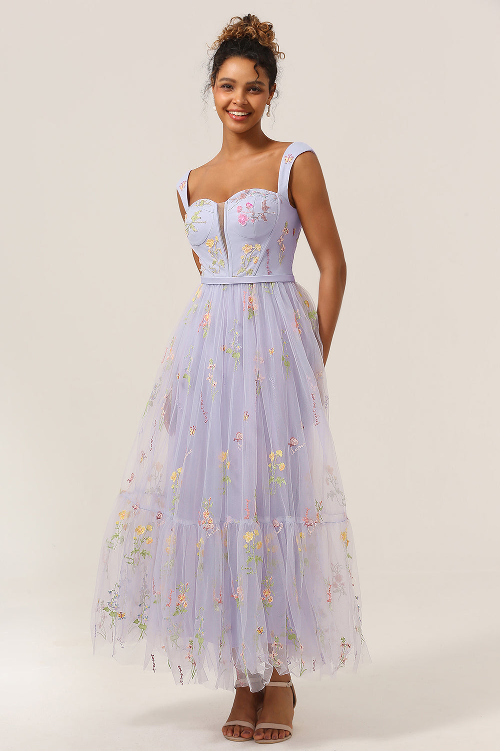 Princess A Line Sweetheart Lys lilla Lang Gallakjole med broderi