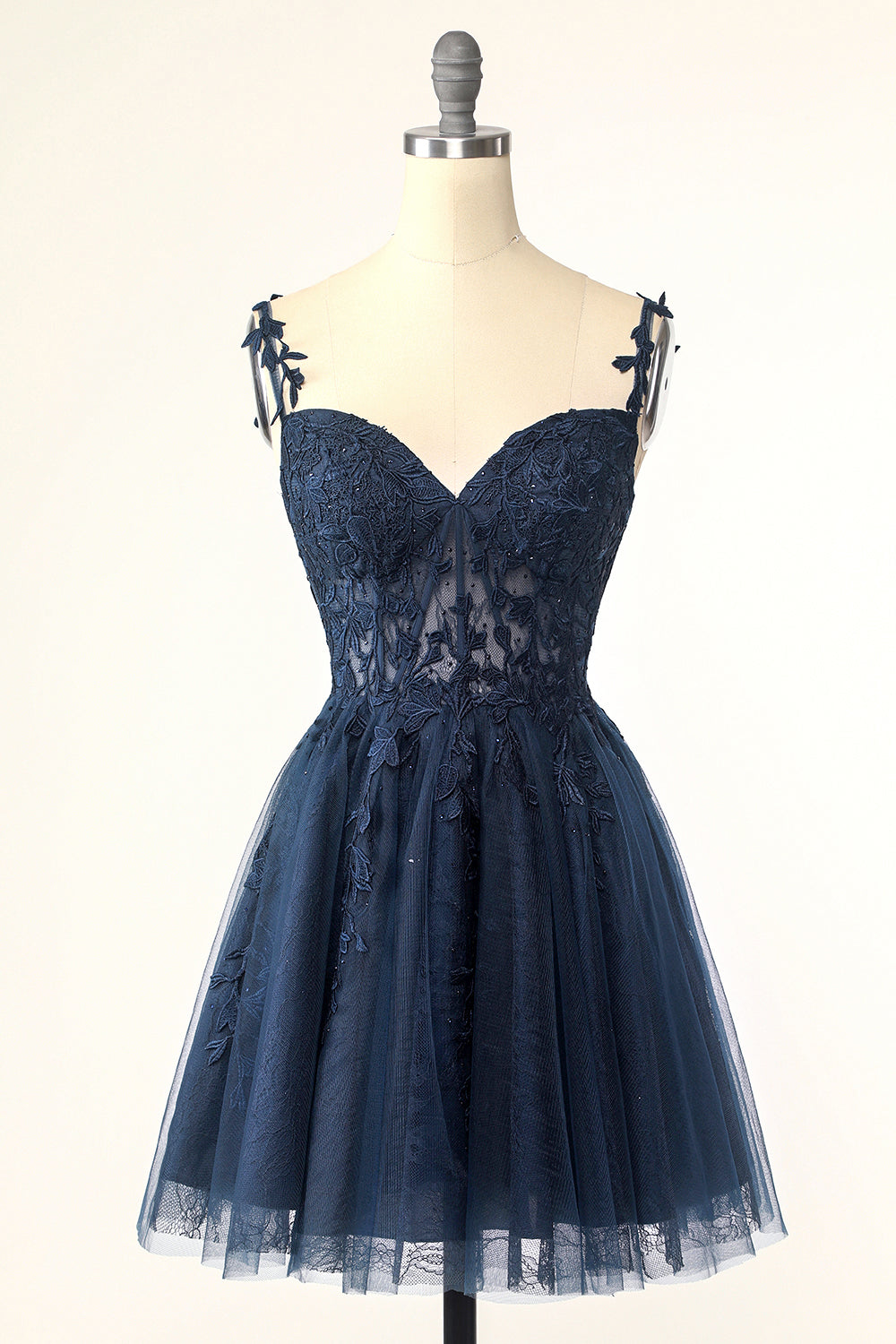 Navy Spaghetti Stropper Kort Homecoming Kjole med Appliques