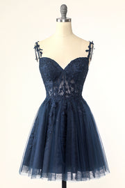 Navy Spaghetti Stropper Kort Homecoming Kjole med Appliques