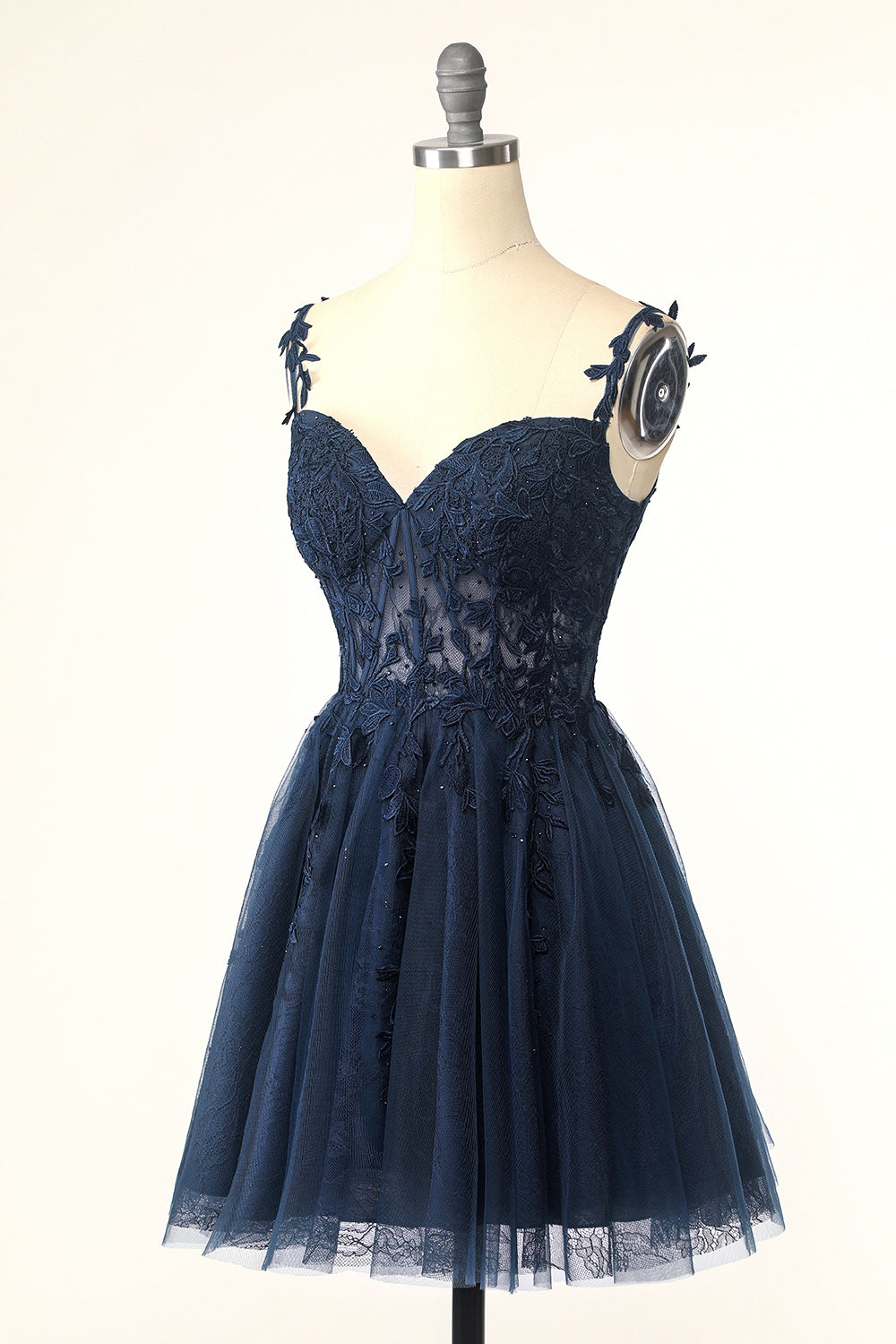Navy Spaghetti Stropper Kort Homecoming Kjole med Appliques