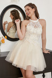 Champagne Beaded Halter Tulle Sød Cocktail Kjole