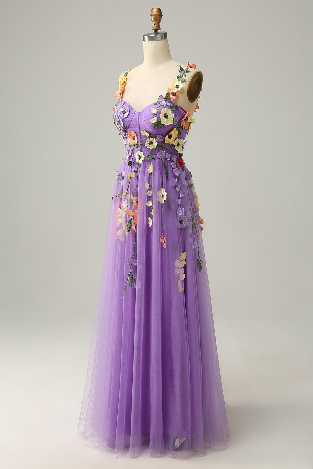 En linje lilla spaghetti stropper gallakjole med 3D blomster
