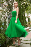Grøn Tulle A-line Midi Prom kjole med flæser