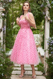 Pink Tulle A-line Midi Prom kjole med hjerter