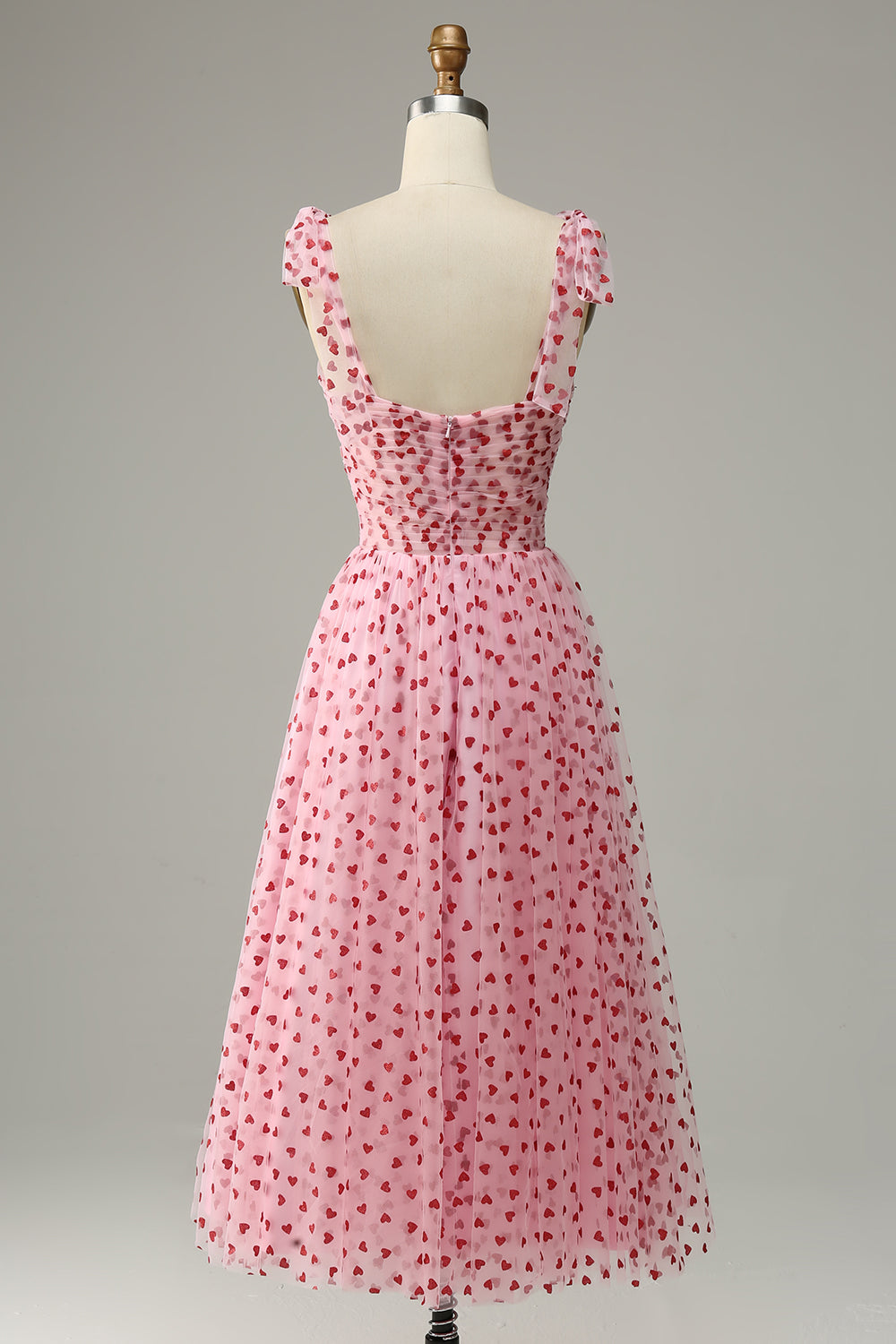 Pink Tulle A-line Midi Prom kjole med hjerter