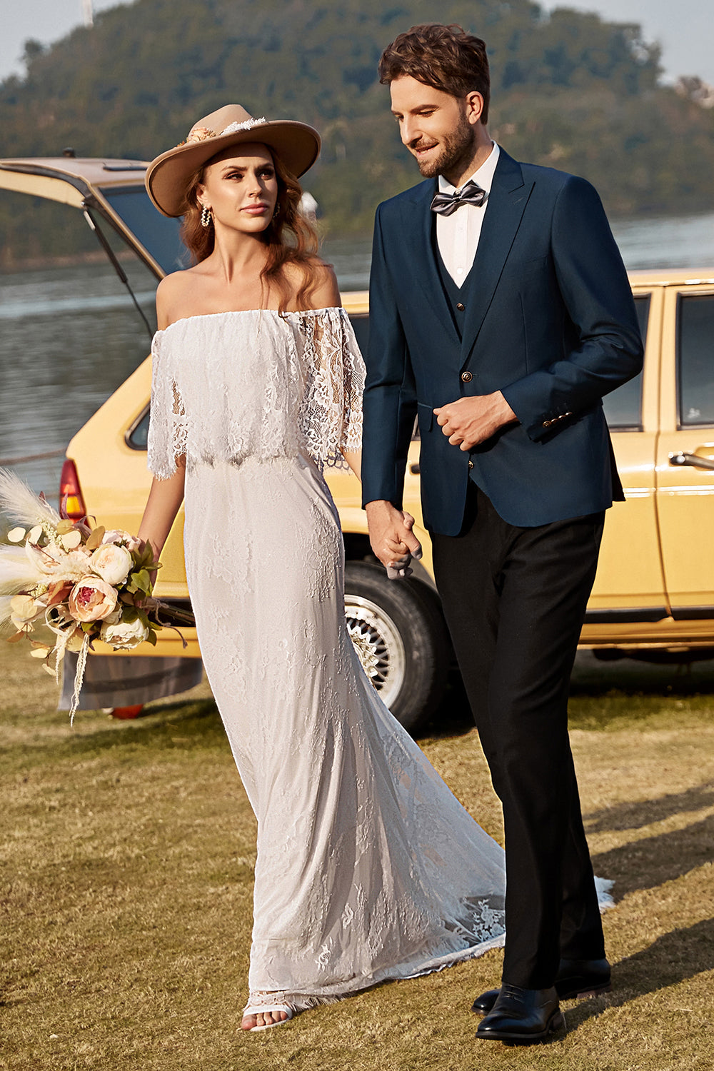 Elfenben havfrue fra skulderen blonder Boho brudekjole med fejetog