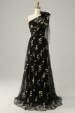 A-line One Shoulder Green Long Prom Kjole med broderi