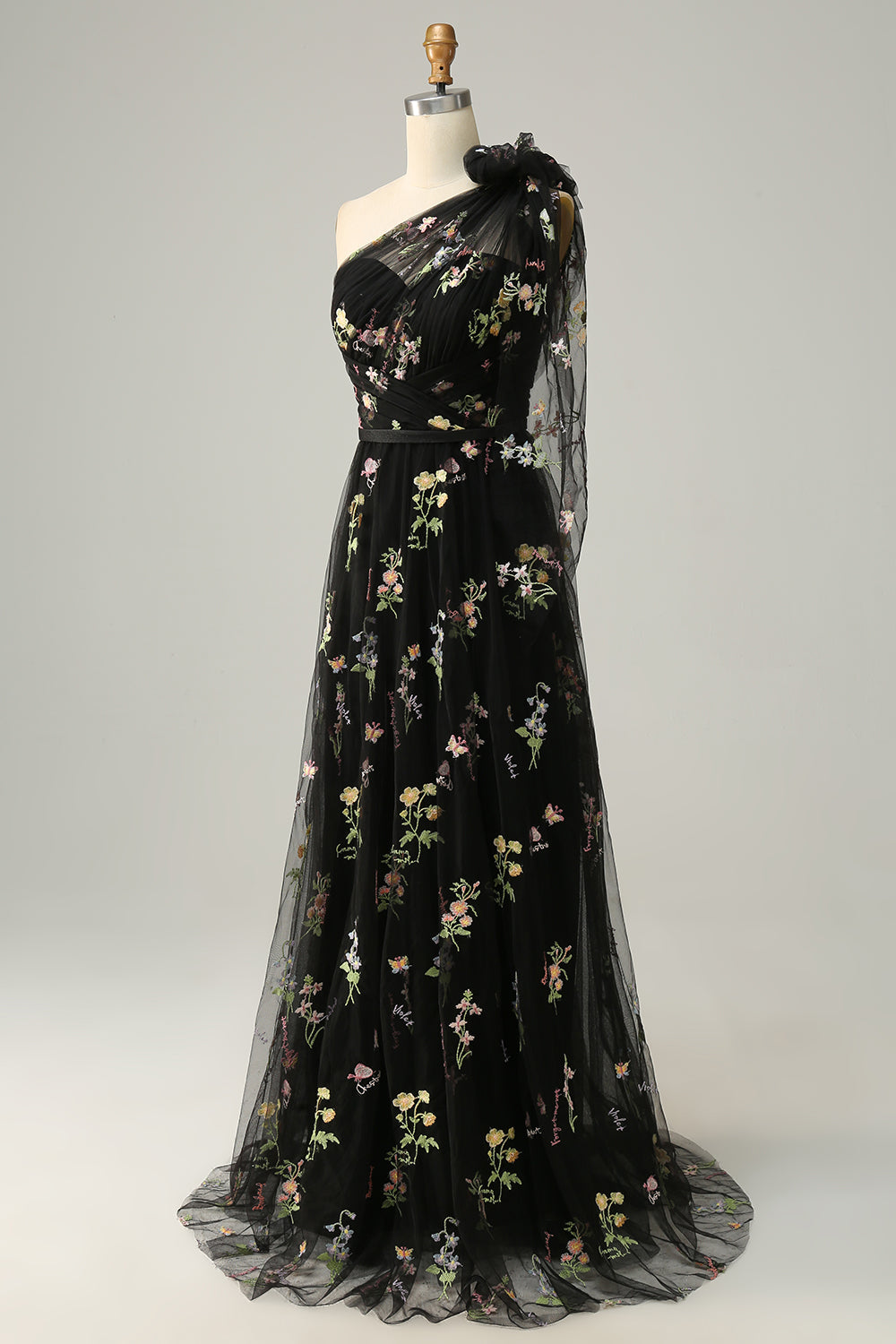 A-line One Shoulder Green Long Prom Kjole med broderi