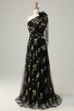 A-line One Shoulder Green Long Prom Kjole med broderi