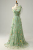 A-line One Shoulder Green Long Prom Kjole med broderi