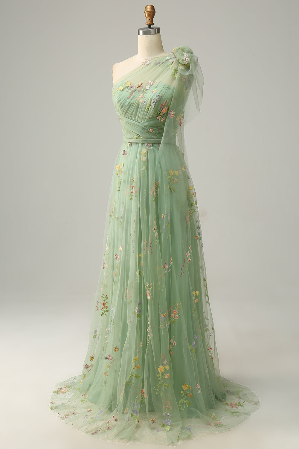 A-line One Shoulder Green Long Prom Kjole med broderi