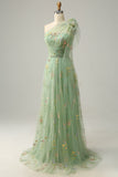 A-line One Shoulder Green Long Prom Kjole med broderi