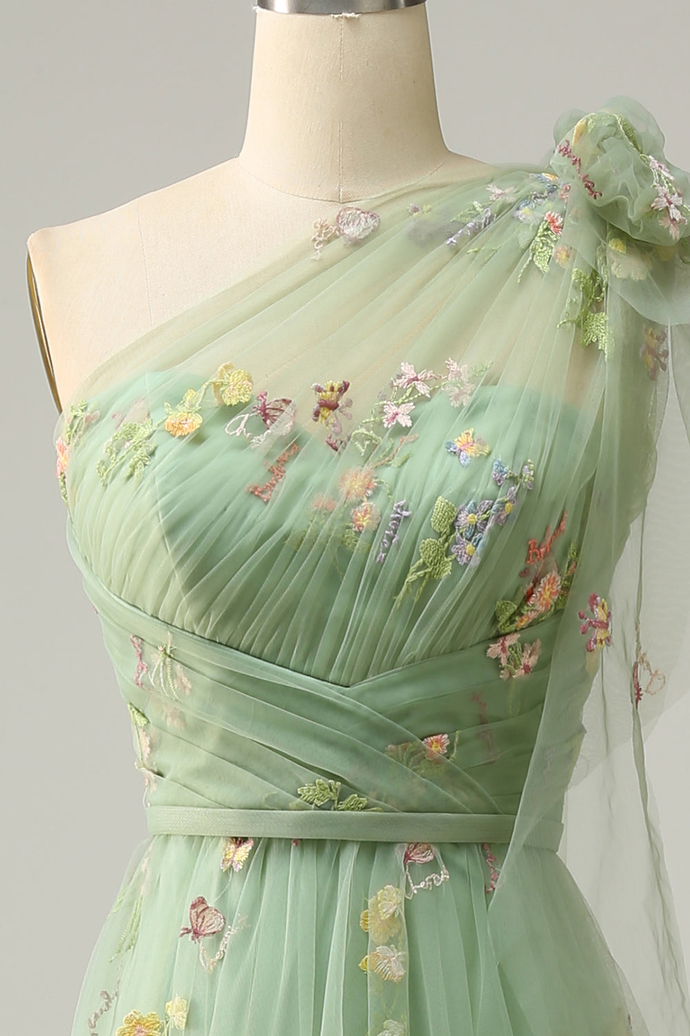 A-line One Shoulder Green Long Prom Kjole med broderi