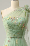 A-line One Shoulder Green Long Prom Kjole med broderi