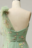 A-line One Shoulder Green Long Prom Kjole med broderi
