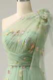 A-line One Shoulder Green Long Prom Kjole med broderi