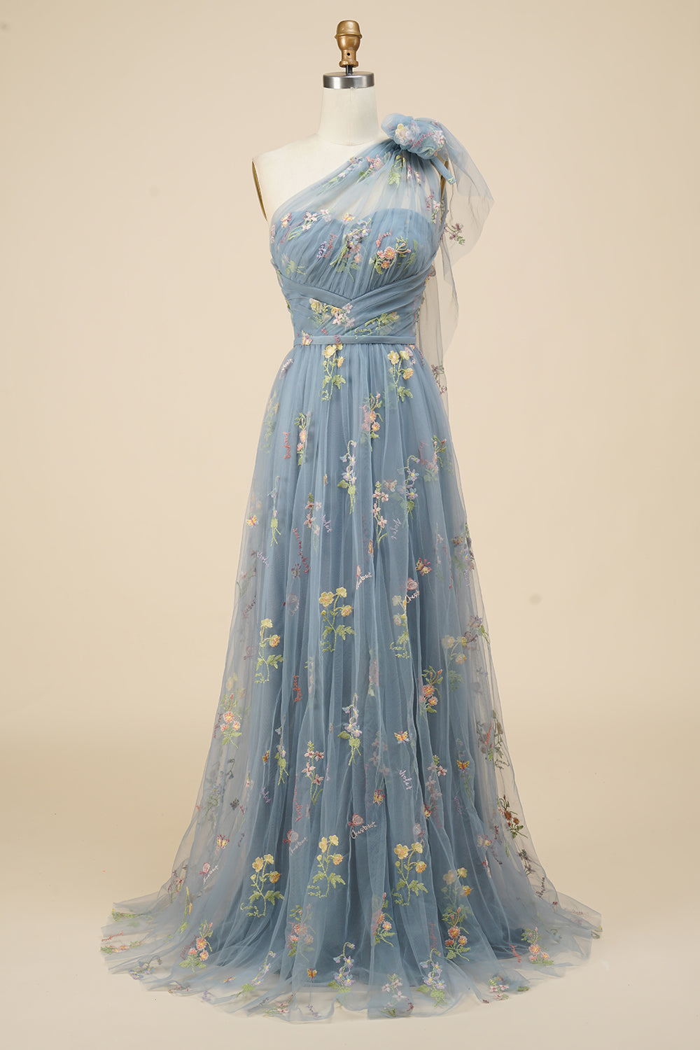 A-line One Shoulder Green Long Prom Kjole med broderi