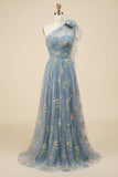 A-line One Shoulder Green Long Prom Kjole med broderi
