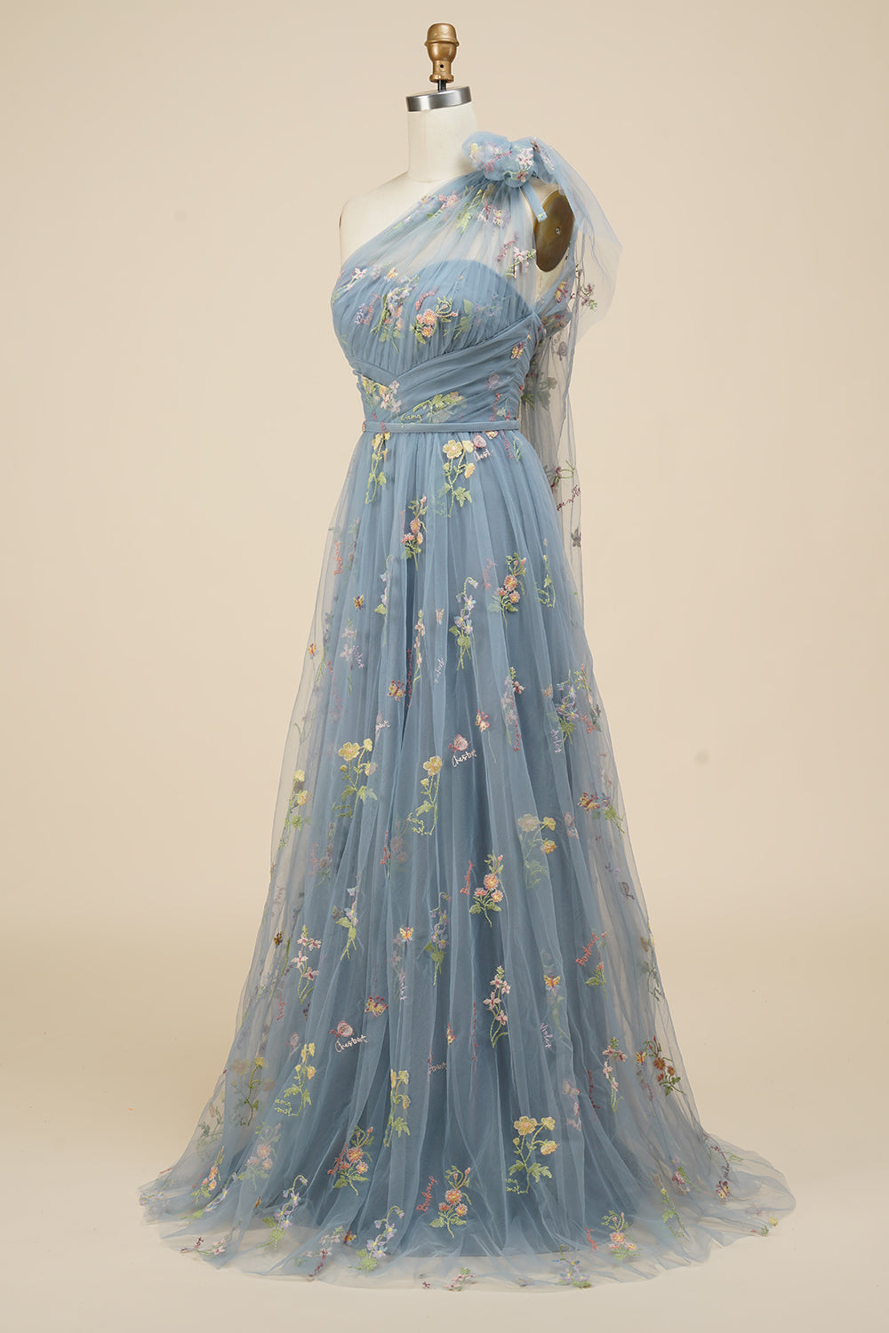 A-line One Shoulder Green Long Prom Kjole med broderi