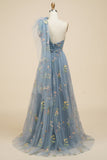 A-line One Shoulder Green Long Prom Kjole med broderi