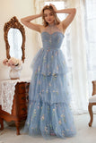 En Line Grime Grey Blue Plus Size Prom Kjole med broderi
