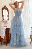 En Line Grime Grey Blue Plus Size Prom Kjole med broderi