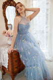 En Line Grime Grey Blue Plus Size Prom Kjole med broderi