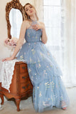En Line Grime Grey Blue Plus Size Prom Kjole med broderi