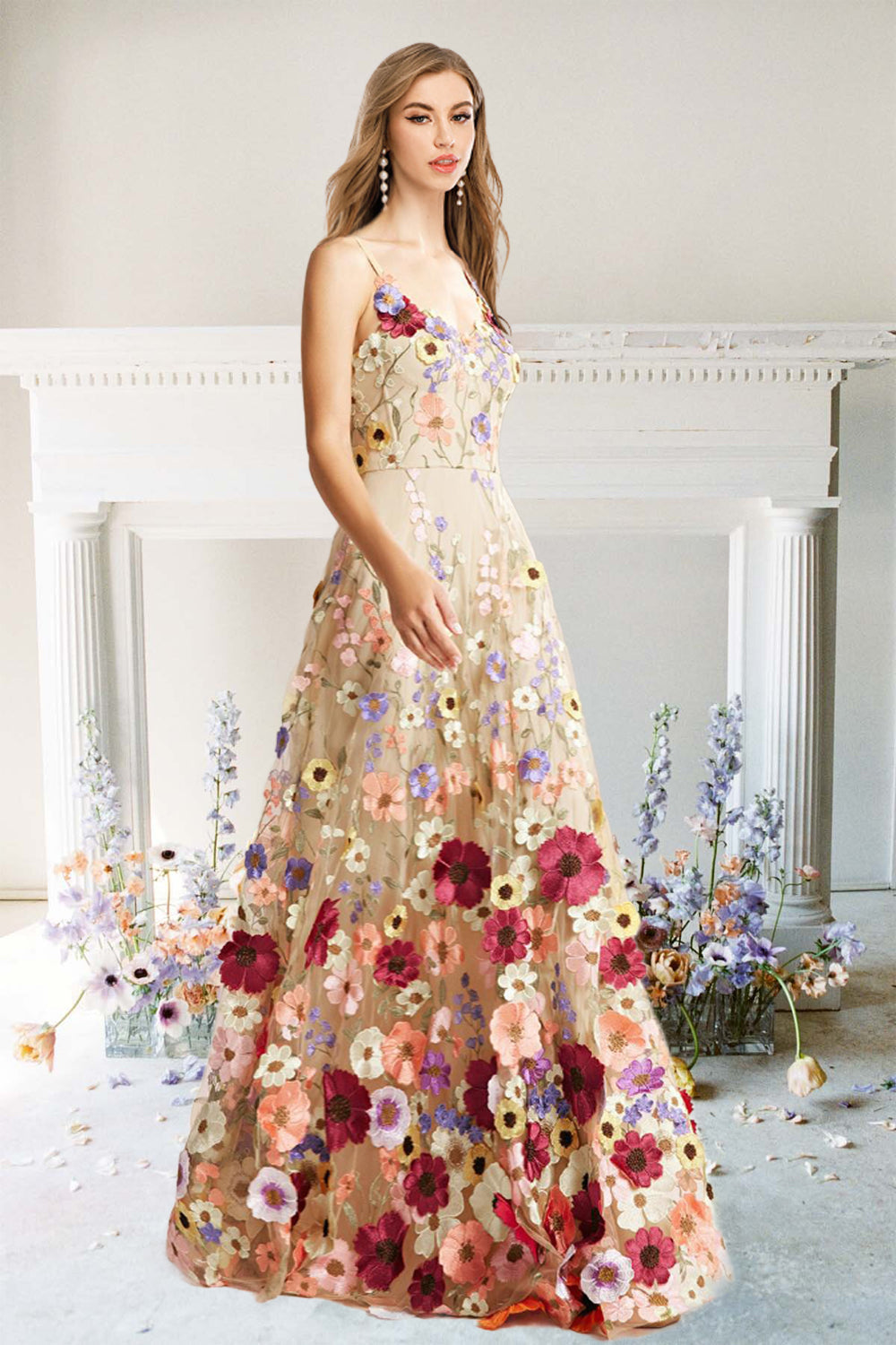 A Line Spaghetti Straps Champagne Long Prom Dress med applikationer