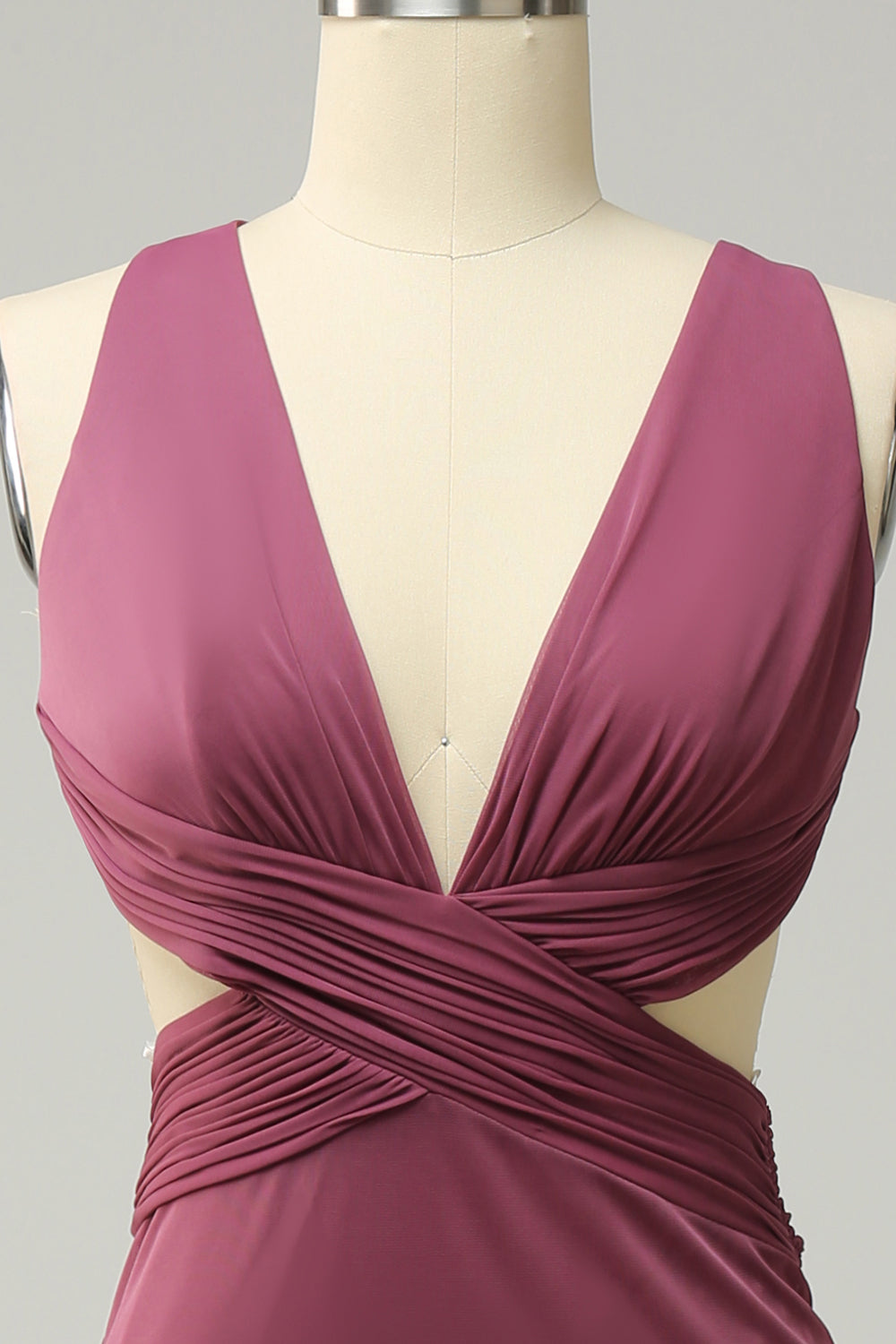 Skede dyb V hals ørkenrose lang plus size formel kjole med delt front