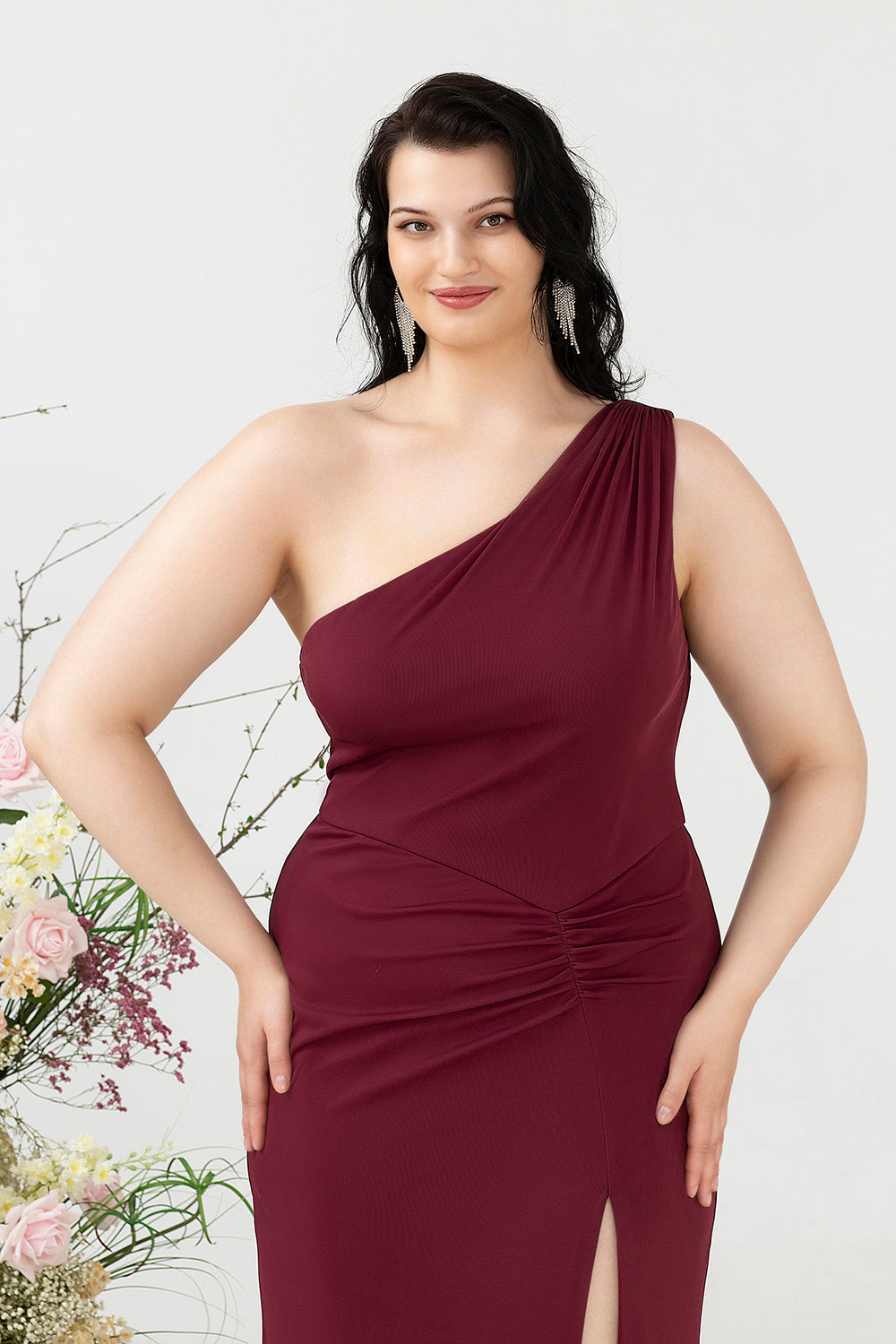 Havfrue One Shoulder Desert Rose Plus Size Brudegæstekjole med slids