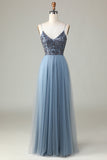 Beaded Spaghetti Straps Dusty Blue Brudepige Kjole