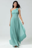 Bedøvelse A Line One Shoulder Sea Glass Long Brudepige Kjole med Ruched
