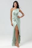 Chic romantisk One Shoulder Matcha brudepigekjole med flæser