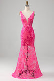 Fuchsia Havfrue Prom Kjole med pailletter