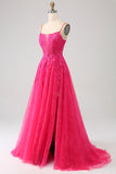Fuchsia A-Line korset blonder lang gallakjole med slids