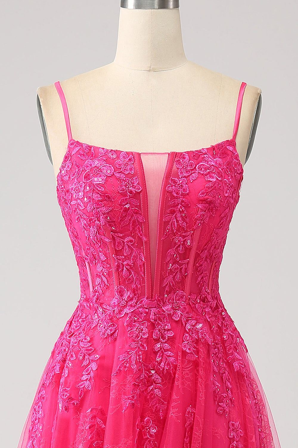 Fuchsia A-Line korset blonder lang gallakjole med slids