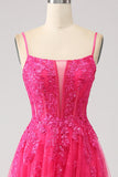 Fuchsia A-Line korset blonder lang gallakjole med slids