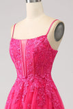 Fuchsia A-Line korset blonder lang gallakjole med slids