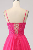 Fuchsia A-Line korset blonder lang gallakjole med slids
